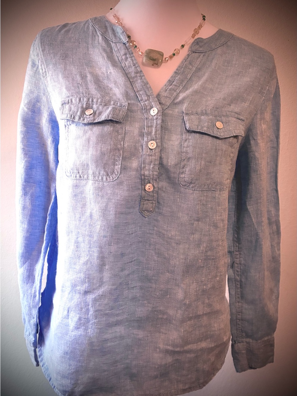 Talbots Light Blue Linen Petite Cross Dyed v-Neck Blouse